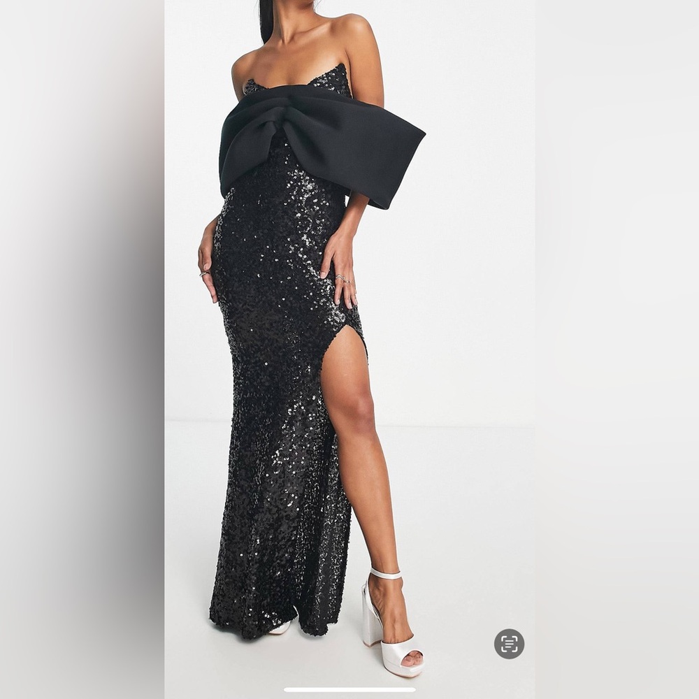 ASOS Design off the shoulder split hem black sequin maxi dress